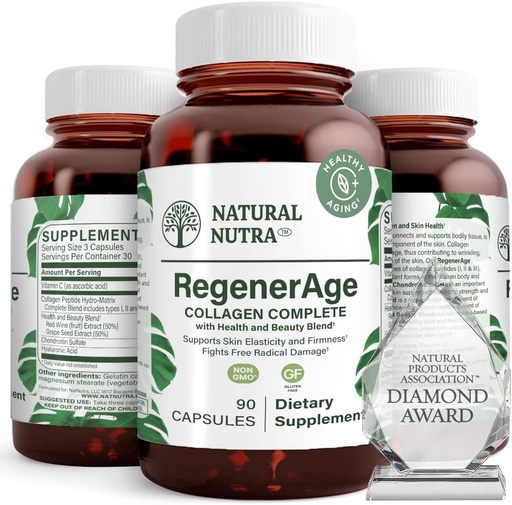 [BRSWGEI3BVYBGHT7] Natural Nutra RegenerAge Complete Supplement for Skin Health with Protein Peptides, Reduce Stretch Marks, Contributes Overall Health, Vitamin C, Grape Seed Red Wine Extract, Gluten Free, 90 Capsules.