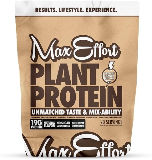 [BRSWYAIDAAPGKFLZ] MAX EFFORT Plant Protein Powder, 19 G Pea Protein, Plant based, Gluten Free, Nízký karb, Protein Shake nebo Smoothie Mix, Výměna jídla, No Syrovátka, No Sugar Sub, Chocolate Butter, 20 Srvg