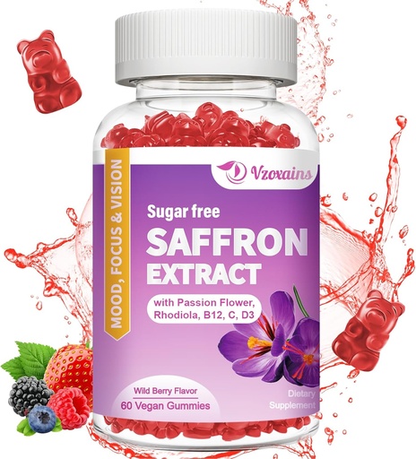 [BRSRO2YFCUDQ4DTH] Saffron Gummies, 10 in 1 Saffron Supplements Gummies with Magnesium, Ashwagandha & Rhodiola Rosea, Sugar Free Vegan Mixed Berry Flavor - 60Cts