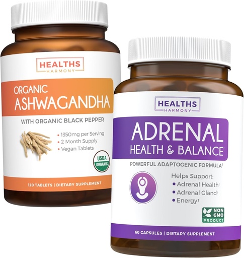 [BRSROZAEOUPWGELA] Bundle of Adrenal Support & Organic Ashwagandha - Ashwa-Adrenal Harmony - Adrenal Support & Cortisol Manager (Non-GMO) & Organic Ashwagandha Root Powder 1350mg Serve (120 Tablets)