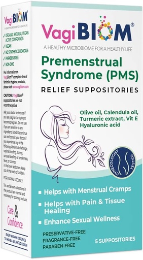 [BRSRMYACDIMBACT5] VagiBiom Menstrual Relief Suppositories (5 Suppositories) with Calendula Oil, Cocoa Butter, Turmeric and VIT E That Helps with Period Cramp, Mood Swings. Tissue Healing. USA Made, Vegan, Hormone-Free