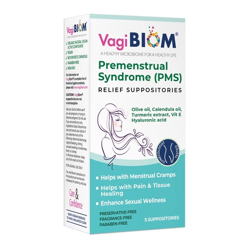 [BRSRMYACDIMBACT5] VagiBiom Menstrual Relief Suppositories (5 Suppositories) with Calendula Oil, Cocoa Butter, Turmeric and VIT E that Helps with Period Cramp, Mood Swings. Tissue Healing. USA Made, Vegan, Hormone-Free