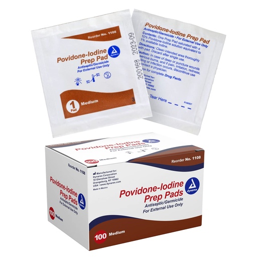 [BRSWI2Y4BAIRSFLM] Dynarex Povidone-Iodine Prep Pads, Saturated with Povidone Iodine 10%, Medical-Grade Antiseptic Wipes used for Prepping prior Minor Procedures, Medium, 1 Case of 100 Prep Pads
