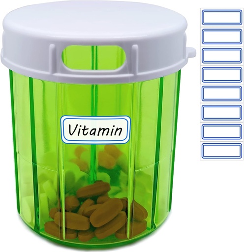 [BRSW2GI3DMGRSC32] Vitamin Organizer Large Pill Dispenser 4 Compartment Portable Pill Organizer for Fish Oils, Vitamin, Supplements, Medication (Pill Container + Self Adhesive Labels)