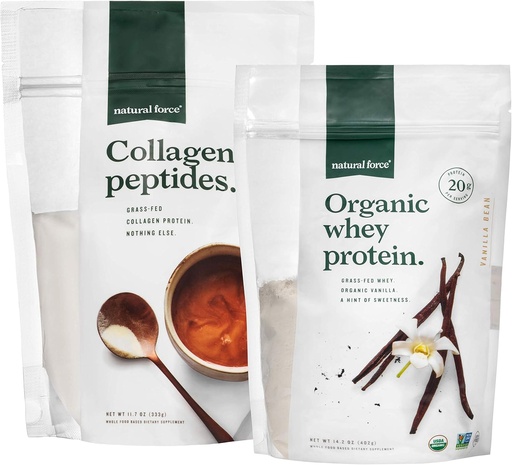[BRSWYHQNDEMAYHLB] Natural Force Clean, Gras Fed Collagen Peptide + Vanilla Organic Whey Protein Bundle – Organic, Non GMO Whey Protein & Hydrolyzed Typ I und III Collagen – 14.3 Ounce Bag und 11.7 Ounce Bag