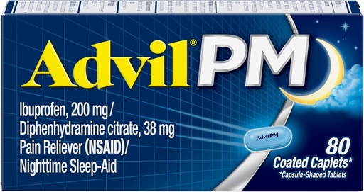 [BRSWIYYOOQMA4YDK] Advil PM Pain Reliever and Nighttime Sleep Aid, Pain Medicine with Ibuprofen for Pain Relief and Diphenhydramine Citrate for a Sleep Aid - 80 Count (Pack of 2)