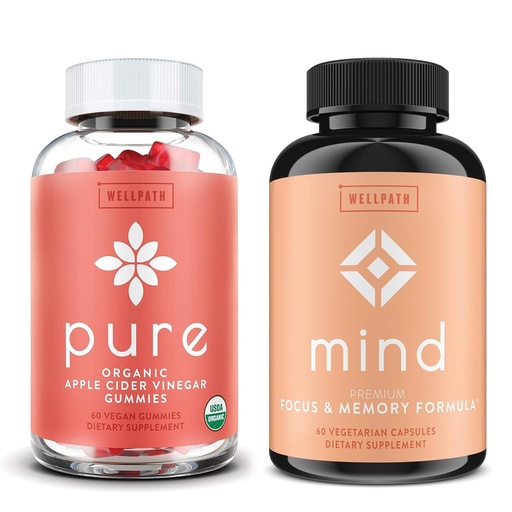 [BRSRA2YBCVYQKEY6] WellPath Pure Apple Cider Vinegar with Mother Gummies & Mind Brain Supplement with Lion's Mane - Supports Focus & Memory, 60 Ct Each