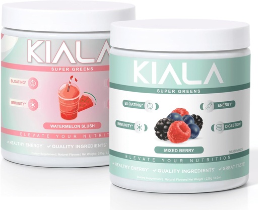 [BRSRAAYRCACWEGT6] Kiala Nutrition Super Verdes, Verdes Orgânicos Pó, espirulina e chlorela Superfood Pó, Açúcar & Gluten Free Vegan, Spectra Mistura, Melancia e Misto Berry 2 Pack