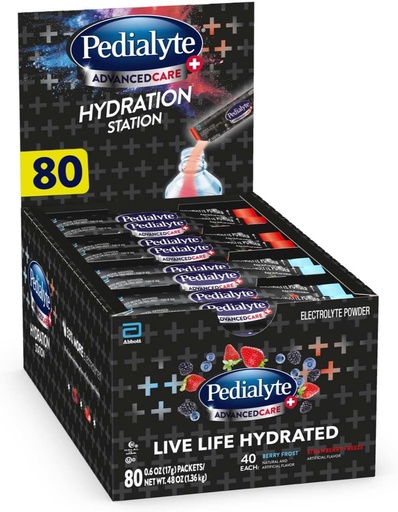 [BRSWGGICPMBRSFDP] Pedialyte AdvancedCare Plus Electrolyte Powder, ten 33% máis electrólitos e PreActiv Prebiotics, Hydration Station Variety, 80 Powder Packets.