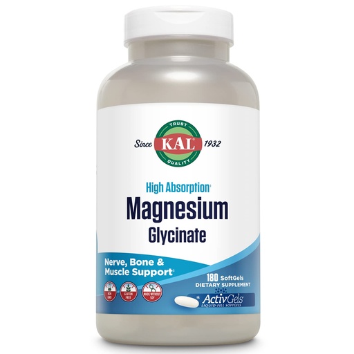 [BRSRMFL2PMNBAC33] KAL Magnesium Glycinate ActivGels 315mg, Fully Chelated, High Absorption Magnesium Supplement for Relaxation, Muscle & Bone Support, Non-GMO, Gluten Free, 60 Servings, 180 Softgels