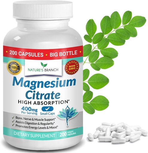 [BRSW2FL6PJYAOGQ7] Magnesium Citrate 400mg - 200 Kapseln - Hohe Potenz für Schlaf, Leg Cramps, Extra Strength Absorption, Einfache bis Schluck Pillen für Damen und Herren, Vegan Ergänzung Nicht Tabletten - Made in USA