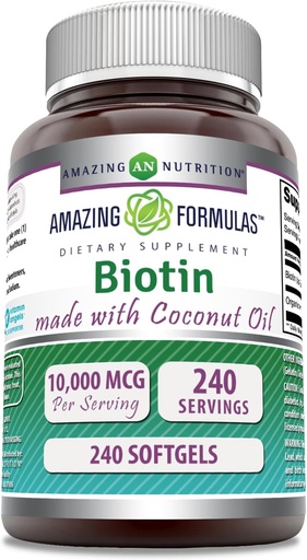[BRSRAZIRPJ7W2CDU] Amazing Formulas Biotin, Ekstra Virgin Organic Coconut Oil Supplement | 10000 Mcg | Softgels | Non-GMO | Gluten-Free | Made in USA (1 Pack, 240) Count