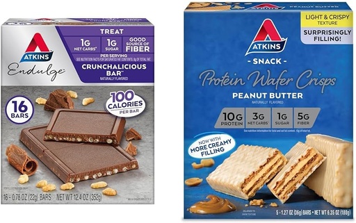 [BRSRAYYYCMPQK3TA] Atkins Endulge Crunchalicious Chocolate Bar, Peanut Butter Protein Wafer Crisp Bundle, 16 Count, 5 Count