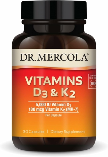 [BRSWKEANDN5GCCY7] Dr. Mercola Vitaminer D3 & K2 - støtter immun-, hjerne-, kardiovaskulær-, puste- og beinhelse - GMO-fri, glutenfri og soya-fri - 30 kapsler (30 Serveringer)