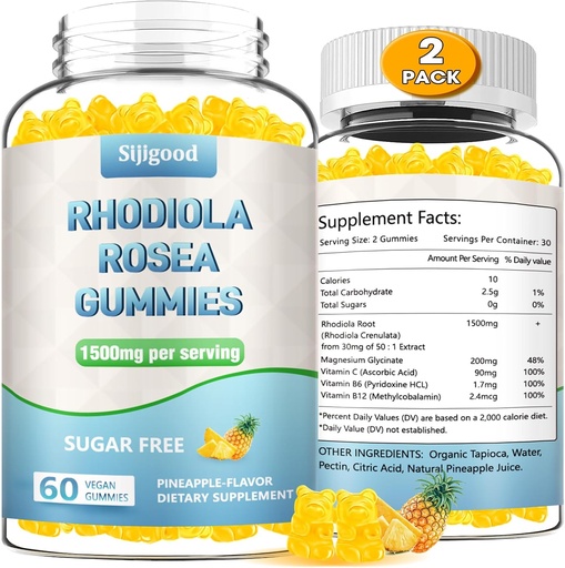 [BRSRAEIBDEPGC2A6] 2 Pack Sugar-Free Rhodiola Rosea Gummies, Adaptogenic Rhodiola Rosea Supplement & Cortisol Blocker for Enhanced Stamina, Mood Elevation, and Motivation Boost, Non-GMO, Vegan, 120 Count