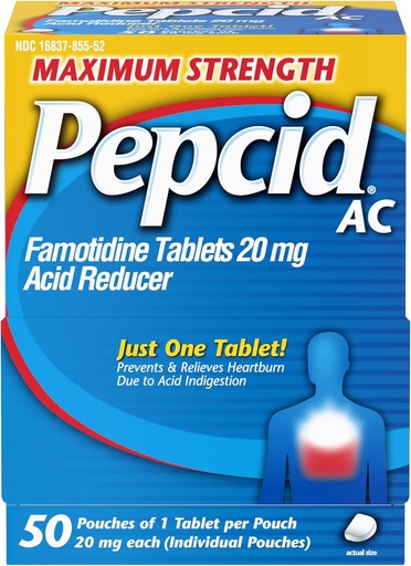 [BRSROZL4AV4BYG3X] Pepcid AC Maximum Strength Heartburn Relief Tablets, OTC Medicine Prevents & Relieves Heartburn & Acid Reflux Due to Acid Indigestion, 20mg Famotidine Acid Reducer, Fast-Acting, 1 x 50 ct