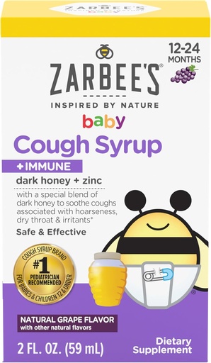 [BRSW2ZT4AADWGHTB] Дитячий медовий кашель Zarbee Syrup + Immune для немовлят 12-24 місяці, Сейф і ефективний кашельний сироп з заспокійливим темним медом та цинком для підтримки імунітету*, Drug & Alcohol-Free, Grape, 2 fl. Oz