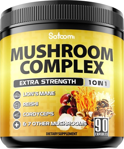 [BRSRAYA3OQMA2D3A] Satoomi 10in1 complexo de suplementos de cogomelos - Lions Mane, Cordyceps, Reishi, Chaga e 6 Máis - Suplementos cerebrais para memoria e foco - 90 Conde - 3 meses de subministración