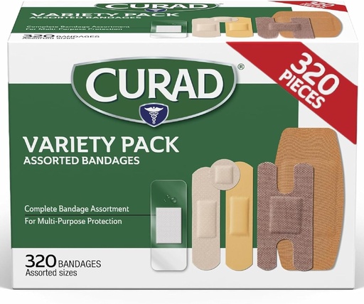 [BRSWKFQ3BIDQA2Q3] CURAD Assorted Bandages Bulk Variety Pack 320 Count 5 Styles Including Waterproof, Sheer, Plastic, Heavy Duty & Flex-Fabric First Aid Kit Essentials Protects Scrapes, Cuts & Burns