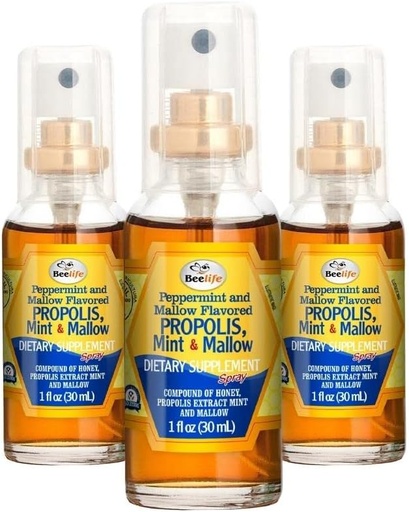 [BRSWIGL4O4NGO2T2] Beelife Propolis Throat Spray - Sotende Honning, Mint & Malva Propolis Spray - Naturlig immunologisk støtte & Sore Throat Relief - Bee Propolis - Antioksidanter, Flavonoider og Artepillin C, Glutenfri - 3-Pack