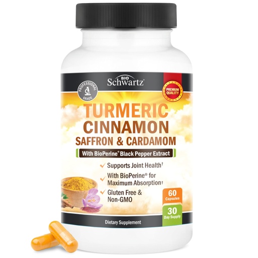 [BRSROZIPOUCWYF3B] Turmeric Supplement with Saffron, Cinnamon and Cardamom Plus BioPerine Black Pepper Extract for Optimal Absorption, Natural Tumeric Curcumin Joint Support Supplement for Women and Men, 60 Capsules