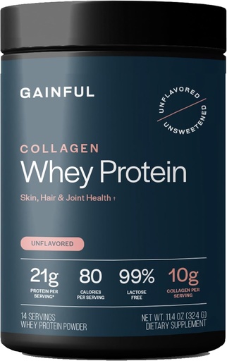 [BRSRACDQCAIRO2T4] Ginful Collagen Whey Protein Powder, 21g Proteiini per tarjoilu, makuamaton, tukee lihasten Recovery, Joint Health, ja ihon nesteytys kanssa Grass-Fed Collagen Peptides, C-vitamiini, 14 Servings