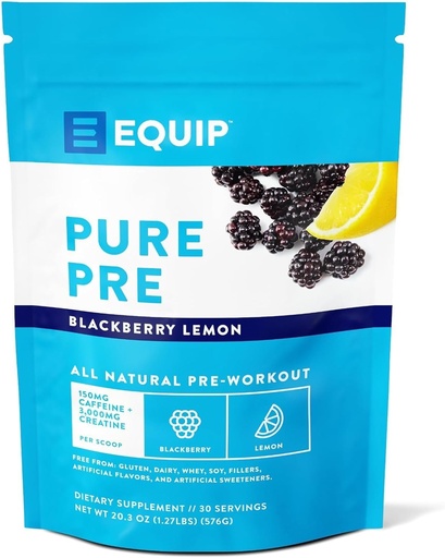 [BRSRAGAKOIBQ4EI3] Equip Foods Pure Pre All Natural Pre-Workout Powder | Green Tea Caffeine, Sea Salt, EAA, Vitamin C, B6, B12, L-carnitine, Agnine | Naturally Boosts Workouts | 30 Servings, BlackBerry Lemon Caffeinated
