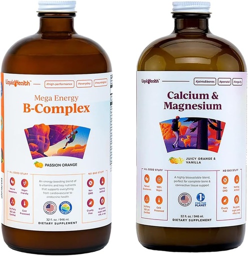 [BRSRMAIPBUNGKCLJ] LIQUIDHEALTH Mega Energy B-Complex & Calcium and Magnesium Liquid Vitamin Bundle for Adults - Повышение уровня природной энергии, поддержка здоровья костей и суставов, повышение иммунной системы - Vegan, Non-GMO, USA Made
