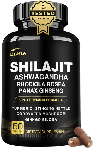 [BRSROBAFPMIBUG36] DLNIA 8-in-1 Shilajit for Men & Women with Ashwaganda Himalayan Organic Supplement with Rhodiola Rosea, Ginseng, Turmeric, Mushroom, for Immune Support, Energy, Calm, Focus, Clarity, Sleep, Cortisol