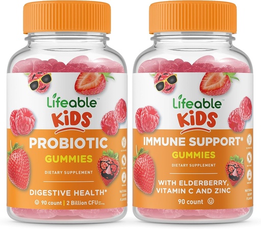 [BRSW2HAFOAMAE3LK] Lifeable Probiotic 2 Billion CFU Kids + Immune Support Kids, Gummies Bundle - Great Tasting, Vitamin Supplement, Gluten Free, GMO Free, Chewable Gummy