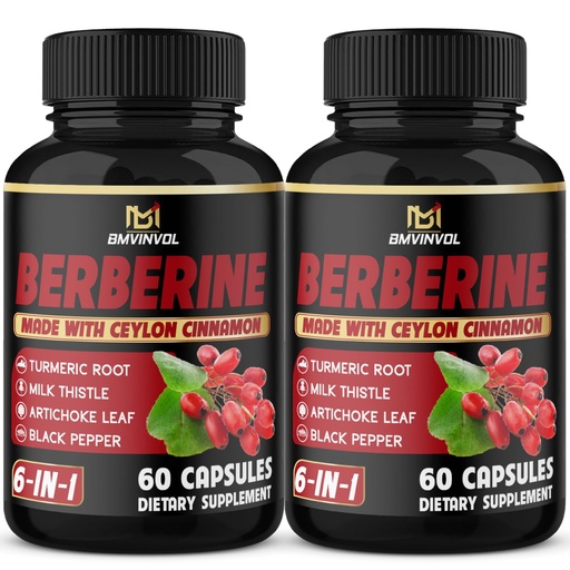 [BRSW2H35AFYBOGTF] (2 Packs) Berberine Supplement Plus Ceylon Cinnamon, Turmeric - 120 Capsules - Supports Immune Function - Berberine HCl Supplement Pills - 4 Months Supply