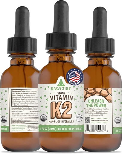 [BRSROGAROUMGGA3O] RawGuru Vitamin K2 Supplement - Organic Vegan Vitamin K2 MK7 with Trace Minerals - Nano-Processed Antioxidant & Immune Support Supplement Tincture - 30 Servings of Vegan Drops per 30 ml, Pack of 1