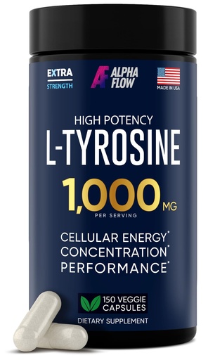 [BRSW2ZL6BUHBEYIY] Alpha Flow L Tyrosine 1000MG Capsules - All-Natural L- Tyrosine Supplement for Focus & Energy Boost - Non-GMO & Gluten-Free - Vegan 150 Caps -500mg x 2 per Serving