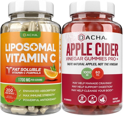 [BRSWYFICAB7Q4ADU] Ultimate Immune Boost Bundle - Liposomal Vitamin C & Apple Cider Vinegar Gummies, Detox and Cleanse, Weight Loss Support ACV with Mother, Stomach Friendly, High Absorb Potency Ascorbyl Palmitate