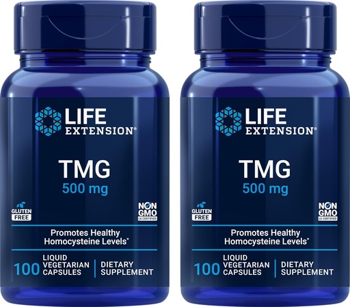 [BRSRMBQ5DFYQM3TH] Extension de la durée de vie TMG 500mg, 100capsules de légumes liquides (paquet de 2) - Supplément à la triméthylglycine (Bétaïne glycine) - Sans gluten, sans OGM, végétarien