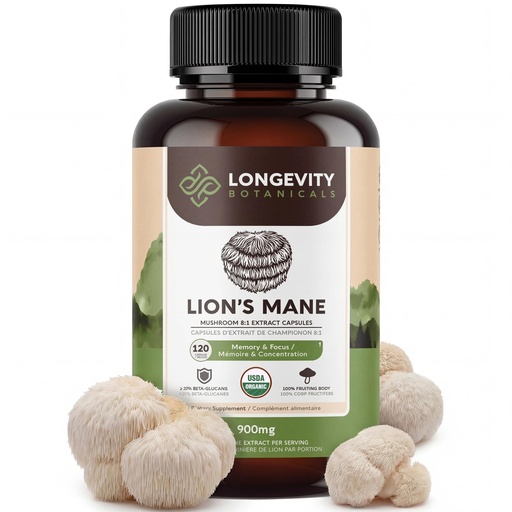 [BRSWYYIRBYHA4CDX] Longevity Botanicals Organic Lion's Mane Mushroom Capsules Supplement Extract 120ct | Hericium Erinaceus Fruiting Body | ≥20% Beta-D-Glucans | 40 Servings of 900mg | Supports Cognitive & Gut Wellness