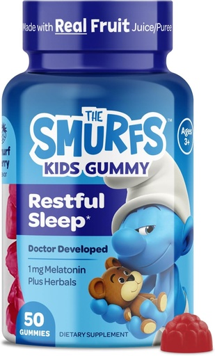 [BRSRMHAEOJ6R6DQ2] Les Schtroumpfs 1mg Mélatonine Gommies pour les enfants avec Camomile & Lemon Baume pour un sommeil reposant Âge 3+.