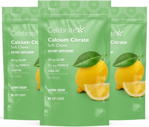 [BRSROGITCQHWY232] Celebrate Vitamins Bariatric 500mg Calcium Citrate Soft Chews with 500 IU Vitamin D3 – Essential for Gastric Bypass Patients & Bone Health - Sugar & Gluten Free, Lemon (270 Chews)