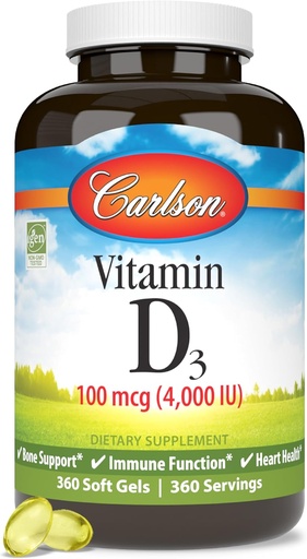 [BRSWIZQIPIDBW3DU] Carlson - D3- vitamiini, 4000 IU (100 mikrog), luu- ja immuuniterveys, kolekalsiferolilisä, gluteeniton D-vitamiinikapseli, 360 Softgelia