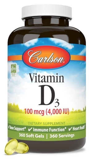 [BRSWIZQIPIDBW3DU] Carlson - Vitamin D3, 4000 IU (100 mcg), Bone & Immune Health, Cholecalciferol Supplement, Gluten Free Vitamin D Capsules, 360 Softgels
