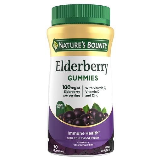 [BRSWGAQRC4FROGYZ] Nature's Bounty Elderberry Gummies, Dietary Supplement, Supports Immune Health, Contains Vitamin A, C, D, E and Zinc, 100 mg, 70 Gummies
