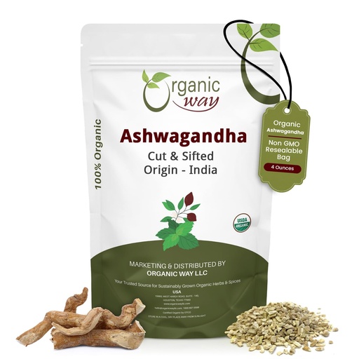 [BRSW2YIQBMFA4CDU] Organic Way Ashwagandha Root Cut & Sifted (Withania somnifera) - Organic & Kosher Certified | Vegan, Non GMO & Gluten Free | USDA Certified | Origin - India (1/4LBS / 4Oz.)
