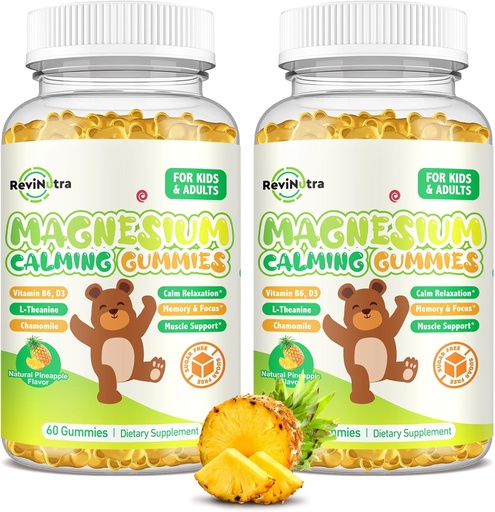 [BRSRAFQZCEBWAHYU] Magnesium Gummies for Kids - Magnesium Glycinate Gummies Supplement with L-Theanine, Vitamin B6, D3 for Adults & Kids, Calm Magnesium for Sleep, Relaxation, Brain,Bones,Sugar Free Pineapple 120ct