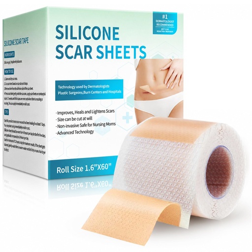 [BRSROZYKDJ6R4EI6] Rvlaim Silicone Scar Tape, (1.6”x 60” Roll) Reusable Silicone Scar Sheets | Medical Silicone Tape Softens, Flattens & Fades Scars, Reusable, Waterproof, Breathable for C-Section, Keloid, Burns & Acne
