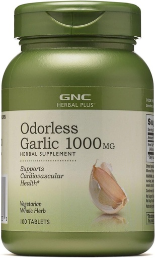 [BRSWIFILAENWO23M] GNC Herbal Plus Odorless Knoflook 1000mg Supplement, Vegetarisch, Ondersteunt Cardiovasculaire Gezondheid, 100 porties