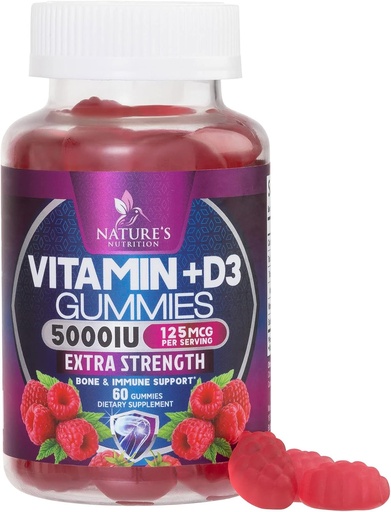 [BRSW2A3ROIJWCC36] Vitamin D3 Supplement Gummy 5000 IU (125 mcg) Dietary Vitamins D for Men & Women - Bone, Teeth, Muscle and Immune Health Support, High Potency VIT D3 Nature's Non-GMO & Gluten Free - 60 Gummies