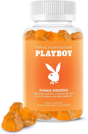 [BRSRA2Y6PJ7AKAAV] Playboy – Ginseng Gummies (60 comte - pêche aromatisée) - Performer plus dur, plus long, mieux - Panax Ginseng supplément Gummy pour les hommes et les femmes - 100% naturel, végétalien non OGM racine de ginseng 6:1 Extrait