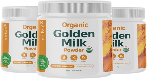 [BRSRAYLYC4FRQH3J] Organic Golden Milk Powder with Vitamins D3 & K2, Turmeric, Ginger, Curcumin, Cinnamon, KSM66 Ashwagandha, Holy Basil & Natural Prebiotics– Delicious Unsweetened Turmeric Tea Latte - 3 Pack