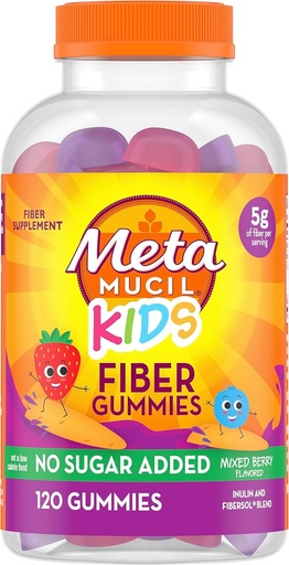 [BRSROEITDENR62Q3] Metamucil Kids Fiber Gummies, No Sugar Added, 5g Prebiotic Plant-Based Fiber Supplement Blend, Mixed Berry Flavored, 120ct Gummies