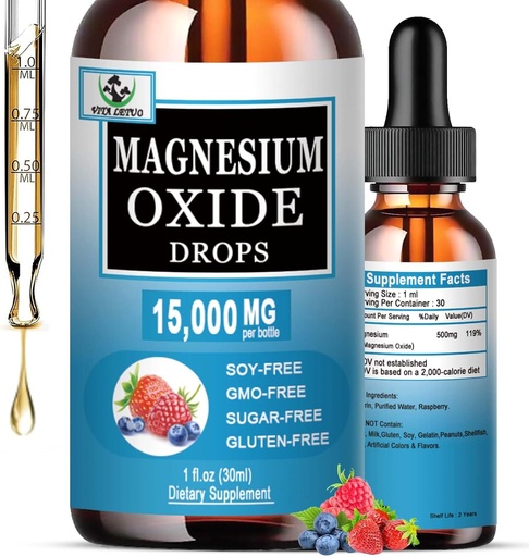 [BRSRAGIHDMIW2YIV] Magnesiumoxid 500mg, Flüssige Magnesium-Ergänzung für Schlaf, Nerve, Herz-Gesundheit, Muskel- & Relief Stress, Hohe Absorption Magnesiumoxid Flüssigkeitstropfen für Erwachsene & Kinder, Glutenfrei, Non GMO, Vegan